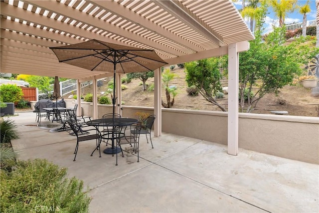 view of patio / terrace with a pergola, fence, outdoor dining area, and central AC