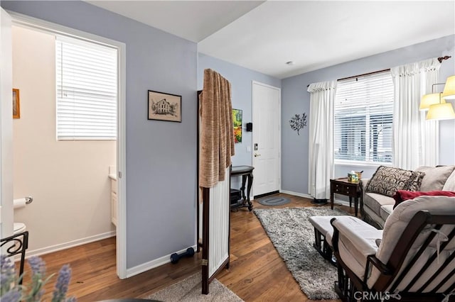 living room with baseboards and wood finished floors