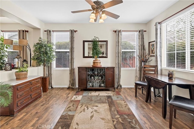 sitting room with ceiling fan, baseboards, plenty of natural light, and wood finished floors