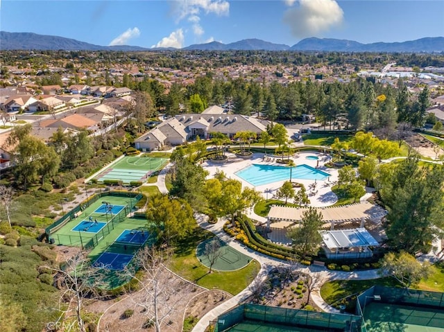 bird's eye view featuring a mountain view and a residential view