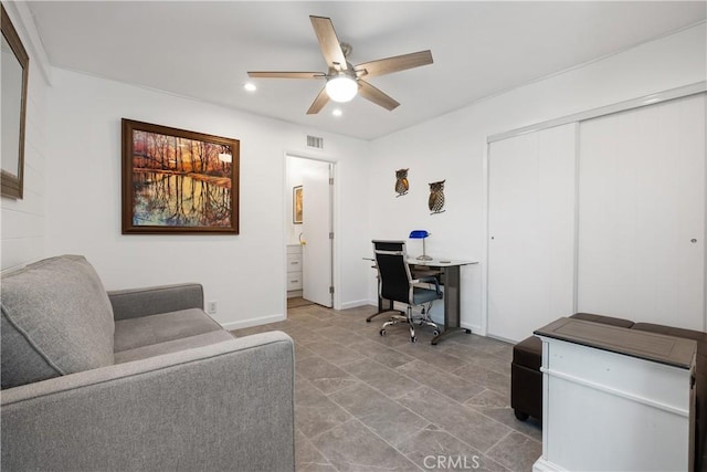 27071 Calle Caballero Unit B, San Juan Capistrano, CA 92675 - office area featuring a ceiling fan, recessed lighting, and baseboards