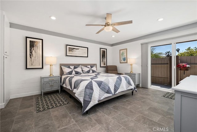 27071 Calle Caballero Unit B, San Juan Capistrano, CA 92675 - bedroom featuring access to exterior, recessed lighting, dark stone finish floors, ceiling fan, and baseboards