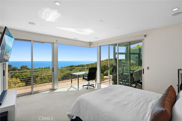 856 Diamond, Laguna Beach, CA 92651 - carpeted bedroom with access to outside, a water view, and recessed lighting