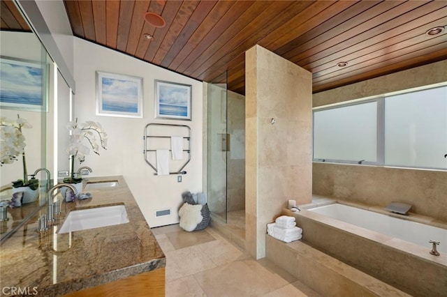 856 Diamond, Laguna Beach, CA 92651 - bathroom with wood ceiling, a shower stall, a garden tub, tile patterned floors, and double vanity