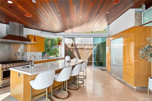 856 Diamond, Laguna Beach, CA 92651 - kitchen with wall chimney range hood, a sink, wood ceiling, gas range, and tasteful backsplash