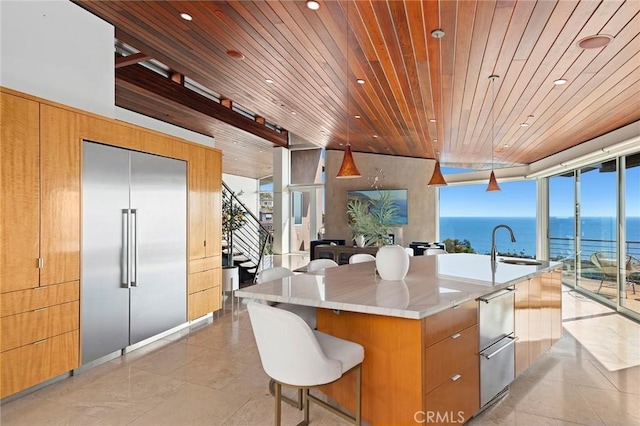 856 Diamond, Laguna Beach, CA 92651 - kitchen with wood ceiling, a water view, modern cabinets, expansive windows, and a kitchen breakfast bar