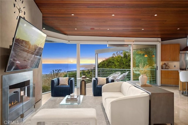 856 Diamond, Laguna Beach, CA 92651 - living room with wooden ceiling, a tiled fireplace, and expansive windows