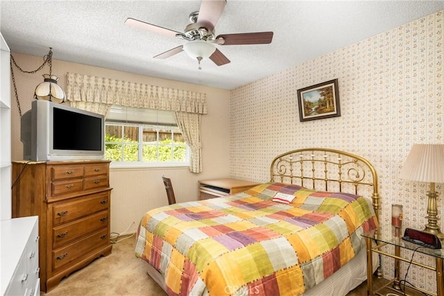 9492 Brynmar Dr, Villa Park, CA 92861 - bedroom with wallpapered walls, light colored carpet, a textured ceiling, and a ceiling fan