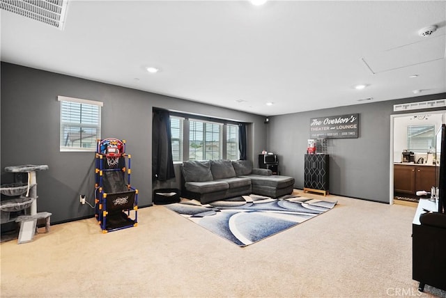 26643 Baneberry Ct, Menifee, CA 92585 - living room featuring carpet, healthy amount of natural light, and recessed lighting
