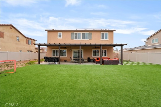26643 Baneberry Ct, Menifee, CA 92585 - rear view of property with ceiling fan, an outdoor hangout area, stucco siding, and a patio area