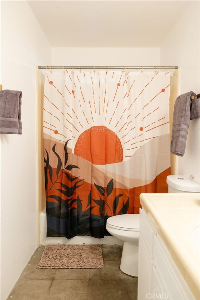 full bath featuring concrete floors, toilet, vanity, and a shower with shower curtain