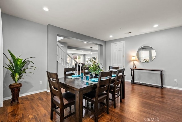 19321 Carranza Ln, Saugus, CA 91350 - dining area with recessed lighting, baseboards, visible vents, stairs, and wood finished floors