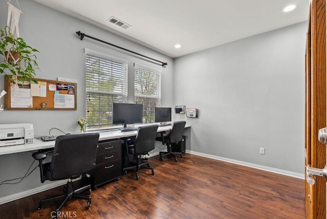 19321 Carranza Ln, Saugus, CA 91350 - home office with dark wood-style flooring, recessed lighting, and baseboards