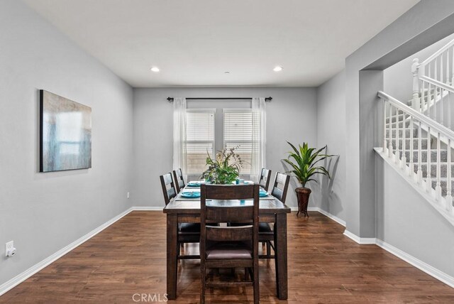19321 Carranza Ln, Saugus, CA 91350 - dining area with stairway, dark wood-type flooring, baseboards, and recessed lighting