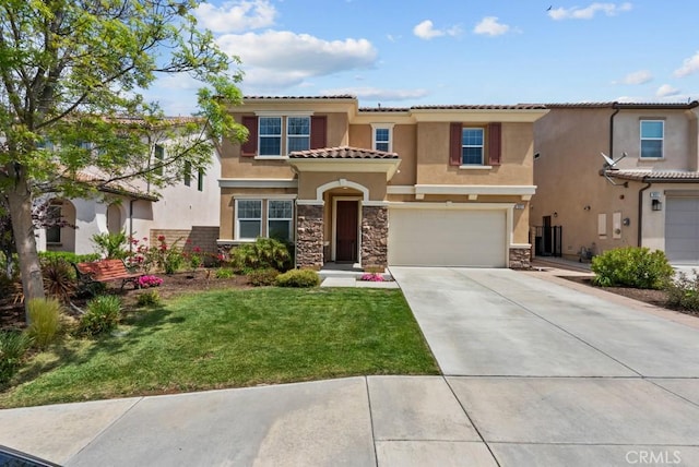 19321 Carranza Ln, Saugus, CA 91350 - mediterranean / spanish-style house featuring stucco siding, stone siding, concrete driveway, and a tile roof