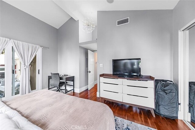 291 Argonne Ave, Long Beach, CA 90803 - bedroom with wood finished floors, a chandelier, and high vaulted ceiling