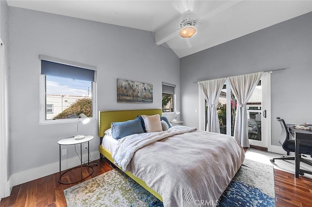 291 Argonne Ave, Long Beach, CA 90803 - bedroom featuring access to outside, multiple windows, beam ceiling, wood finished floors, and high vaulted ceiling