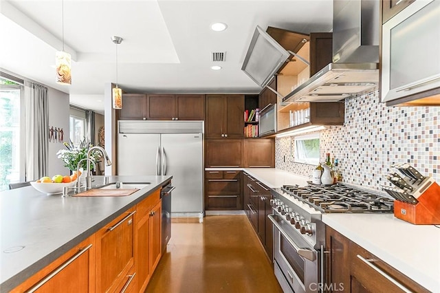 291 Argonne Ave, Long Beach, CA 90803 - kitchen with wall chimney exhaust hood, premium appliances, tasteful backsplash, open shelves, and hanging light fixtures