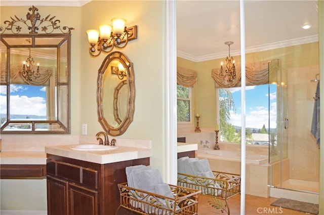 13622 Canyon Crest Rd, Yucaipa, CA 92399 - full bathroom featuring a chandelier, vanity, a garden tub, crown molding, and a stall shower