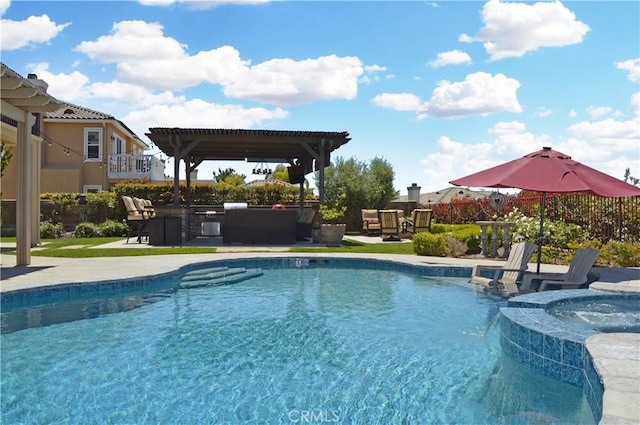 13622 Canyon Crest Rd, Yucaipa, CA 92399 - view of pool featuring a patio, a pergola, a pool with connected hot tub, and an outdoor hangout area