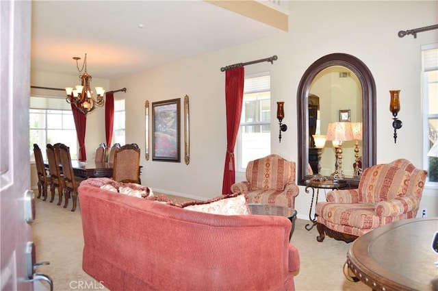 13622 Canyon Crest Rd, Yucaipa, CA 92399 - living room with a chandelier, carpet floors, and arched walkways