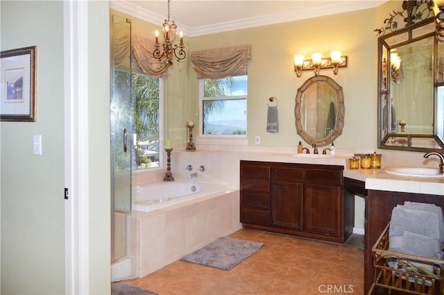 13622 Canyon Crest Rd, Yucaipa, CA 92399 - bathroom featuring ornamental molding, a chandelier, a garden tub, tile patterned flooring, and vanity