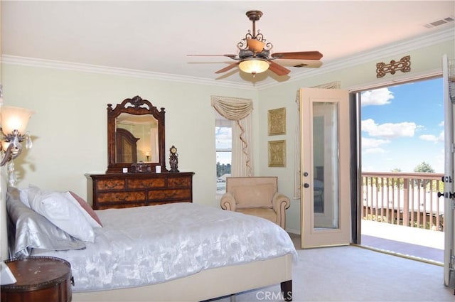 13622 Canyon Crest Rd, Yucaipa, CA 92399 - bedroom featuring access to exterior, carpet, crown molding, ceiling fan, and french doors