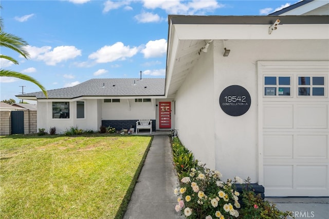 19542 Constellation Ln, Huntington Beach, CA 92646 - property entrance featuring a yard, stucco siding, roof with shingles, and a garage