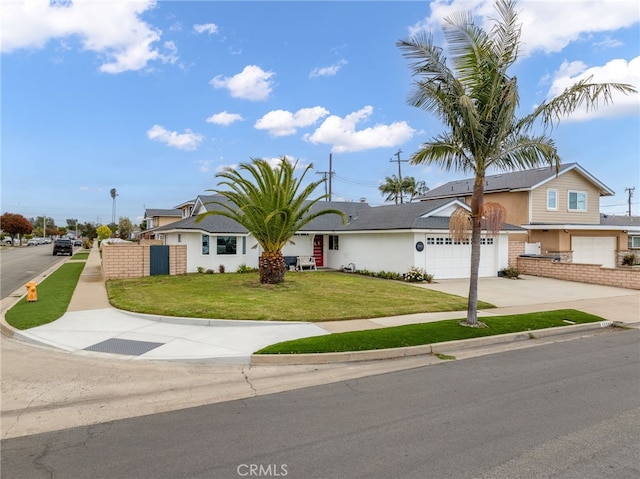 19542 Constellation Ln, Huntington Beach, CA 92646 - view of front facade with concrete driveway, a front yard, stucco siding, and an attached garage