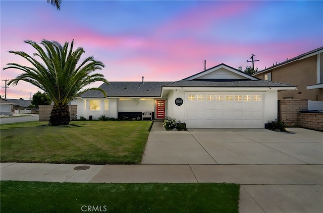 19542 Constellation Ln, Huntington Beach, CA 92646 - ranch-style house with roof with shingles, an attached garage, a yard, concrete driveway, and stucco siding