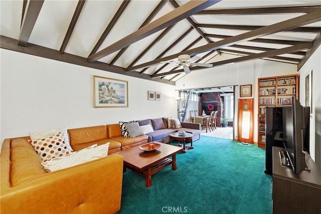living area featuring a ceiling fan and carpet
