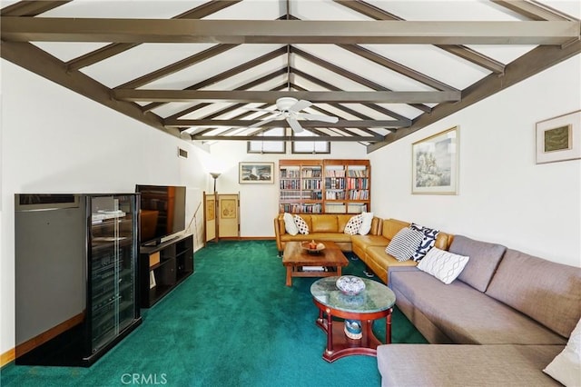 carpeted living room featuring baseboards and ceiling fan