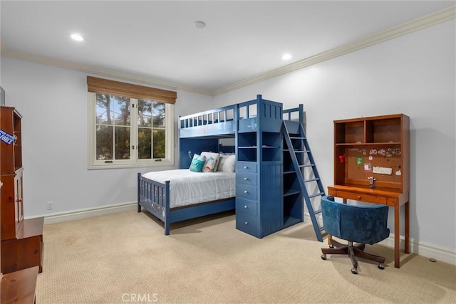 bedroom with crown molding, carpet floors, baseboards, and recessed lighting