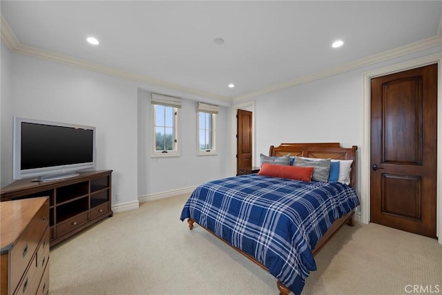 bedroom featuring crown molding, light colored carpet, baseboards, and recessed lighting
