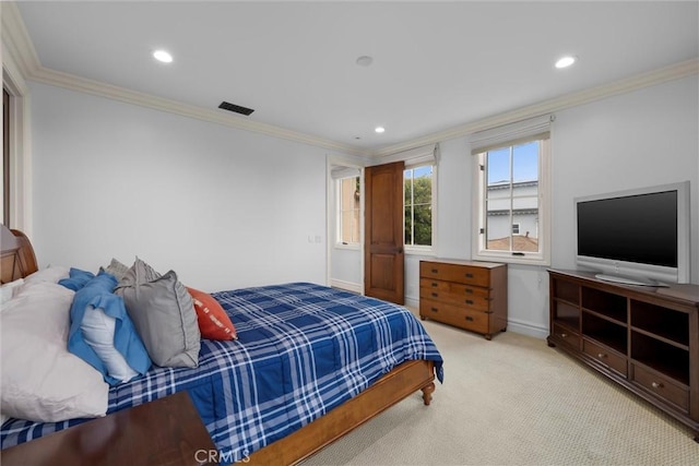 bedroom with carpet floors, ornamental molding, recessed lighting, and baseboards