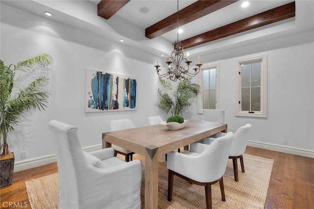 dining room with a chandelier, baseboards, wood finished floors, beam ceiling, and recessed lighting