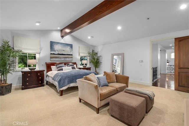 bedroom with recessed lighting, baseboards, and light colored carpet
