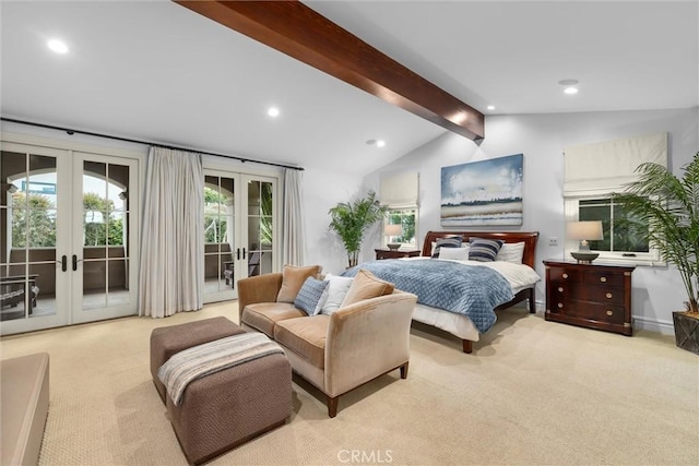 carpeted bedroom with french doors, access to outside, and recessed lighting