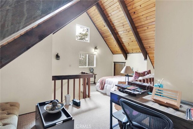 28935 Banff Dr, Lake Arrowhead, CA 92352 - home office with high vaulted ceiling, wood ceiling, beamed ceiling, and carpet flooring