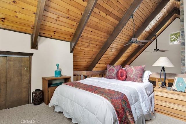 28935 Banff Dr, Lake Arrowhead, CA 92352 - bedroom featuring carpet, lofted ceiling with beams, and wooden ceiling