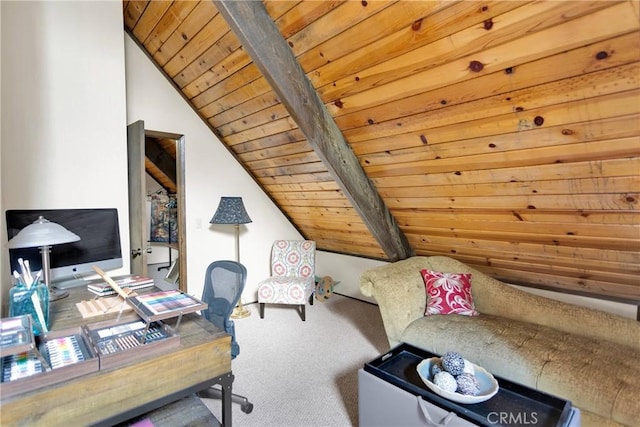 28935 Banff Dr, Lake Arrowhead, CA 92352 - carpeted home office featuring vaulted ceiling and wood ceiling