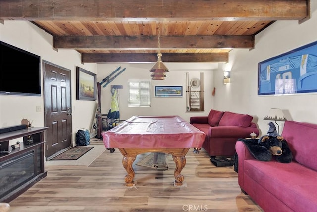 28935 Banff Dr, Lake Arrowhead, CA 92352 - recreation room with beamed ceiling, light wood-style flooring, and wooden ceiling