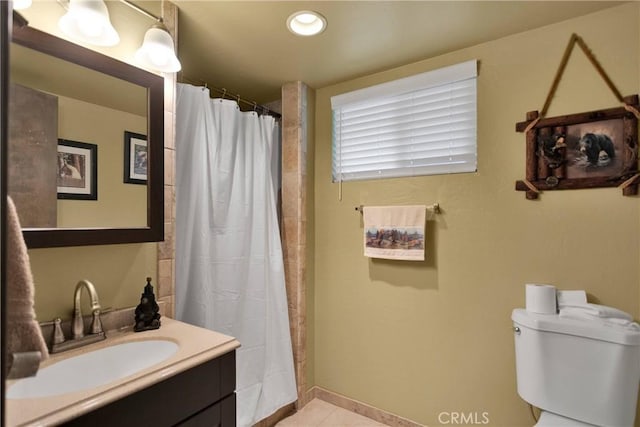 28935 Banff Dr, Lake Arrowhead, CA 92352 - bathroom with vanity, toilet, a shower with curtain, and tile patterned floors