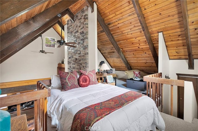 28935 Banff Dr, Lake Arrowhead, CA 92352 - carpeted bedroom featuring wooden ceiling, ceiling fan, and vaulted ceiling with beams