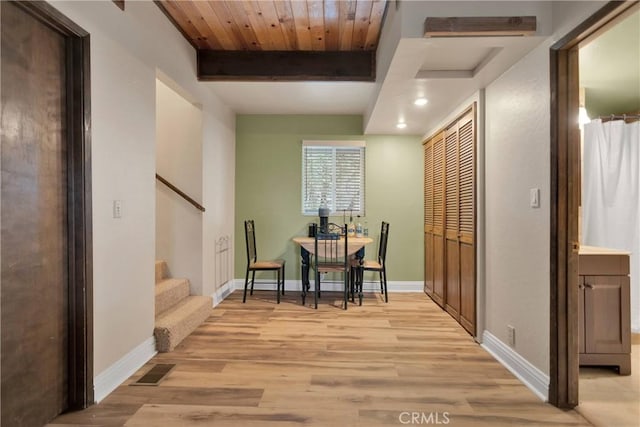 28935 Banff Dr, Lake Arrowhead, CA 92352 - dining space with light wood-style flooring, recessed lighting, baseboards, visible vents, and stairs
