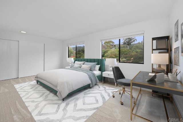 bedroom featuring a closet and light carpet
