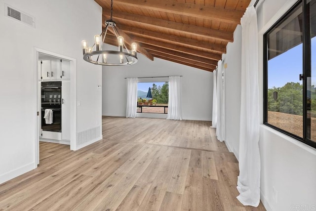 interior space with visible vents, wood ceiling, light wood-style floors, a chandelier, and lofted ceiling with beams