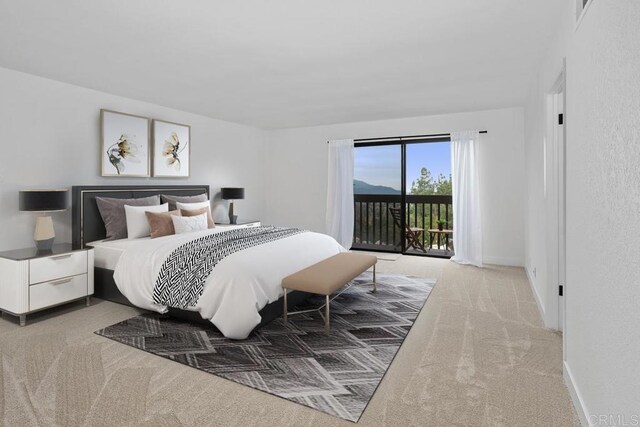 bedroom featuring baseboards, light carpet, visible vents, and access to exterior
