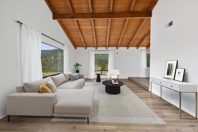 living area featuring visible vents, wooden ceiling, and wood finished floors