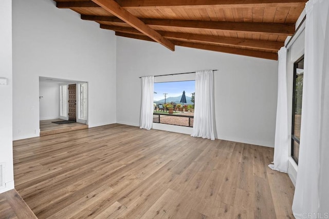 interior space with baseboards, beamed ceiling, light wood-style flooring, and wooden ceiling
